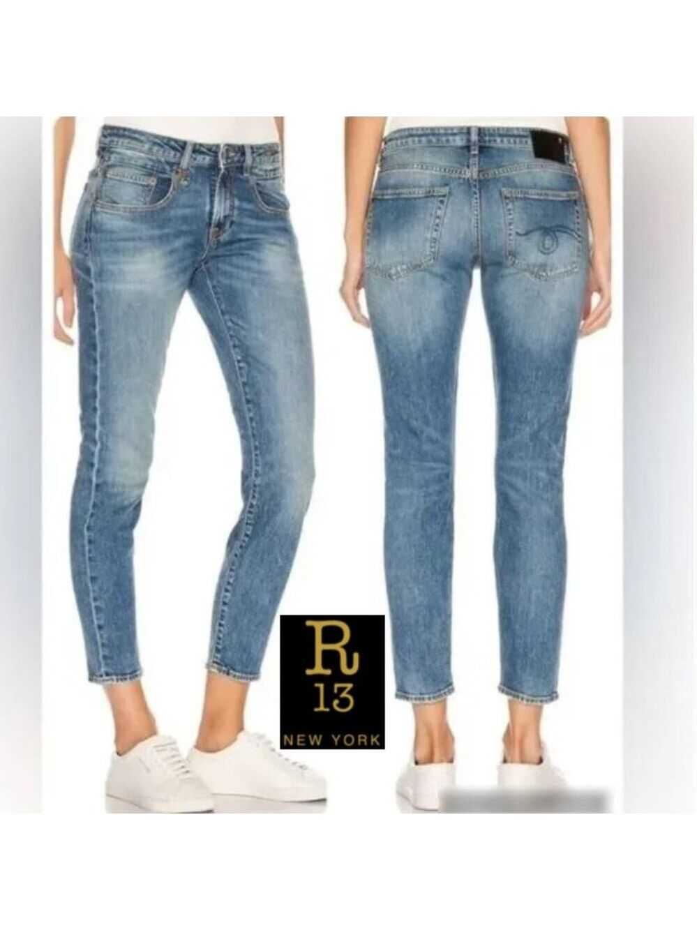 R13 Boy Skinny Jeans Jasper Stretch Mid Rise Faded Blue Made in Italy Size 26